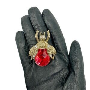 VTG Rhinestone Beetle‎ Brooch Red Jewel Gold Tone Bug Insect Pin Pave Crystal